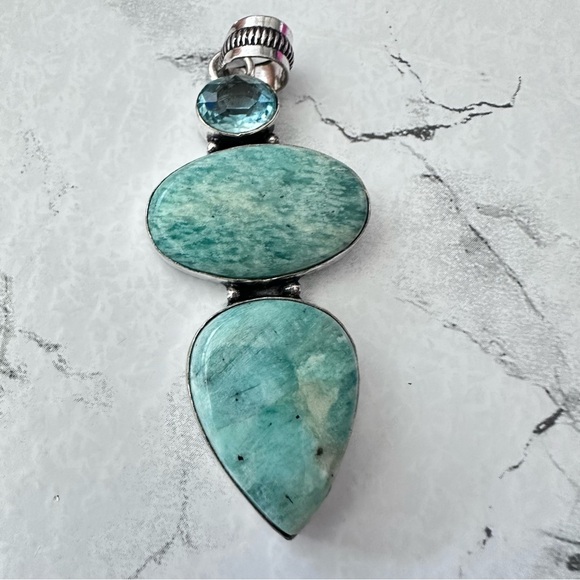 Pendant Amazoite And Aquamarine 3 Large Gemstones Stones Silver Tone Gift 3331 - Picture 5 of 7